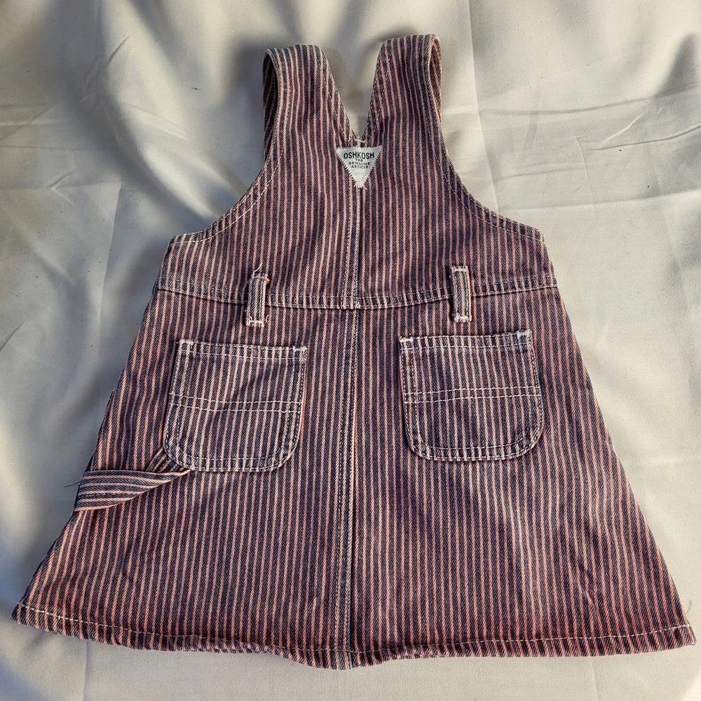 90's Oshkosh Baby Girl 12 Month Hot Pink & Navy Striped Vestbak Jumper Dress